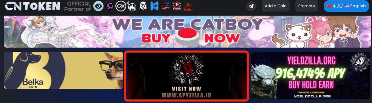 ApyZilla has advertised on cntoken.io, the first and largest China-centric coin index!! 🚀

Officially partnered and powered by Dexscreener (dexscreener.com), Bogged Finance <a href="/boggedfinance/">Bogged | All-In-One Platform for DeFi Trading</a> and Kommunitas (kommunitas.net)

cntoken.io/coin/21668