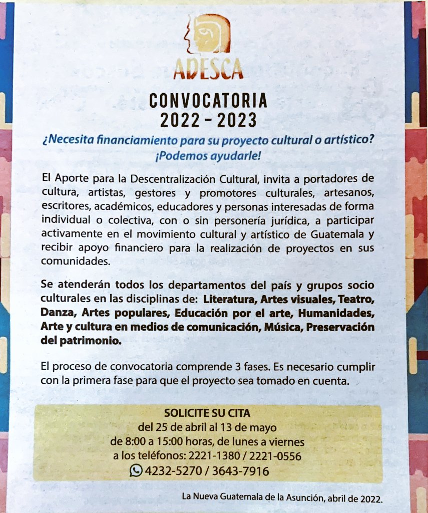 EMelgarejo_gt's tweet photo. ¡Atención Artistas! 
Inicia la Convocatoria para el financiamiento de proyectos culturales  y artividades artísticas en #ADESCA.
Solicita una cita vía telefonica.
La convocatoria es para todo el territorio guatemalteco. 
#AlServiciodelaCultura https://t.co/37k6B4JUvc