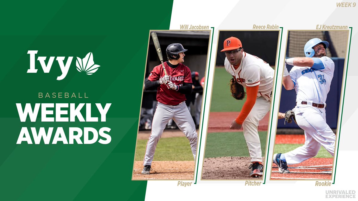 After solid performances on the diamond, <a href="/HarvardBaseball/">Harvard Baseball</a>'s Will Jacobsen, <a href="/PUTigerBaseball/">Princeton Baseball</a>'s Reece Rabin and <a href="/CULionsBaseball/">Columbia Baseball</a>'s EJ Kreutzmann earned weekly 🌿⚾️ honors. 

📰 » ivylg.co/BASE042522