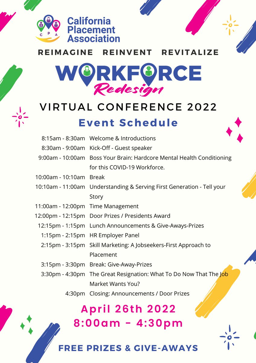 calplacement's tweet photo. Have you registered yet? Tomorrow begins our Workforce Redesign 2-day virtual conference. $50 for 2 days of amazing speakers, learning, and fun!

Register here:
https://t.co/DCia4PMmR7

#conference #learning #workforcedevelopment #speakers #motivation #recharge https://t.co/nYSQ3iySqa