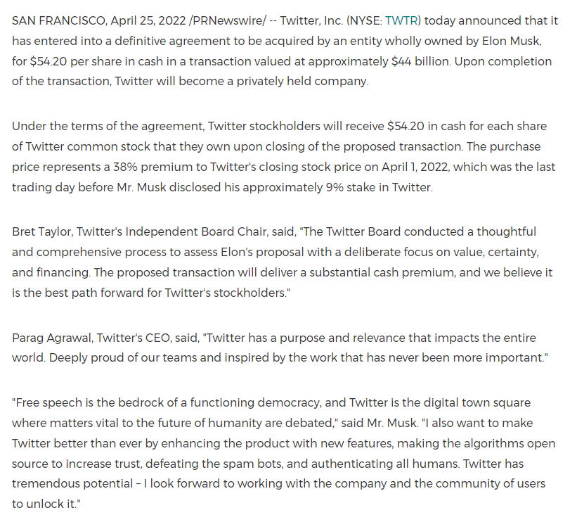 BNONews's tweet photo. It's official: Elon Musk is buying Twitter for $54.20 per share and taking it private https://t.co/HSs1p2Qx8C