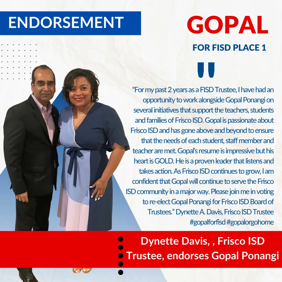 VoteForGopal's tweet photo. Our community is growing and changing, and we need leaders like Gopal who will work hard to ensure that every child in Frisco ISD is prepared for their future after high school. Early Voting Starts Today. Get your vote in bright and early starting today for #gopalforfisd https://t.co/2db3m52QHj