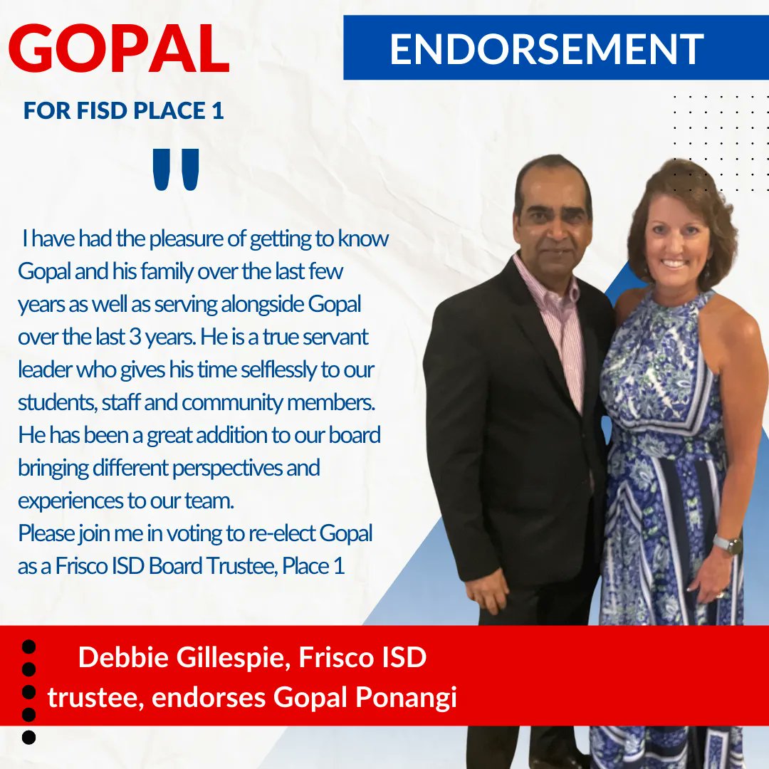 VoteForGopal's tweet photo. Our community is growing and changing, and we need leaders like Gopal who will work hard to ensure that every child in Frisco ISD is prepared for their future after high school. Early Voting Starts Today. Get your vote in bright and early starting today for #gopalforfisd https://t.co/2db3m52QHj