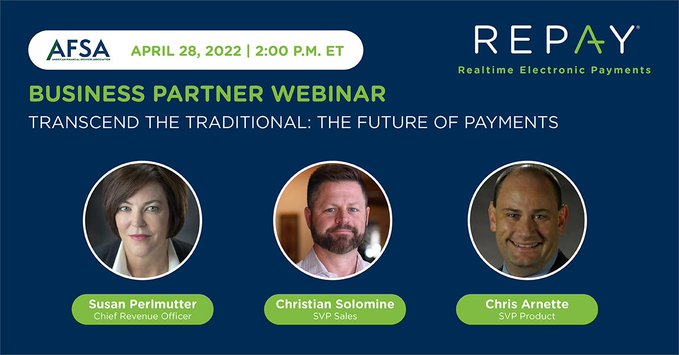 💳The future of #payments is here, and there is no time to waste. 

Join REPAY Thursday, April 28th, 2022, at 2:00 p.m. ET to learn about emerging networks and the newest payment modalities, including #cryptocurrency and the #RTP network 

Register Today: afsaonline.org/webinars/