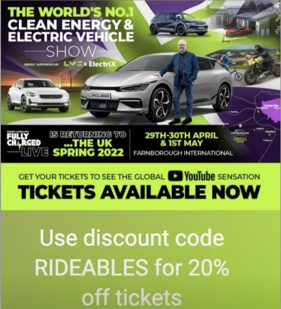 RideablesOrg's tweet image. Rideables.org are proud to be the main sponsor of the Mini Machines test track at Fullycharged Live event 29th to 1st of May.

Book your tickets here and use RIDEABLES to get 20% off bit.ly/3vO9ZO2