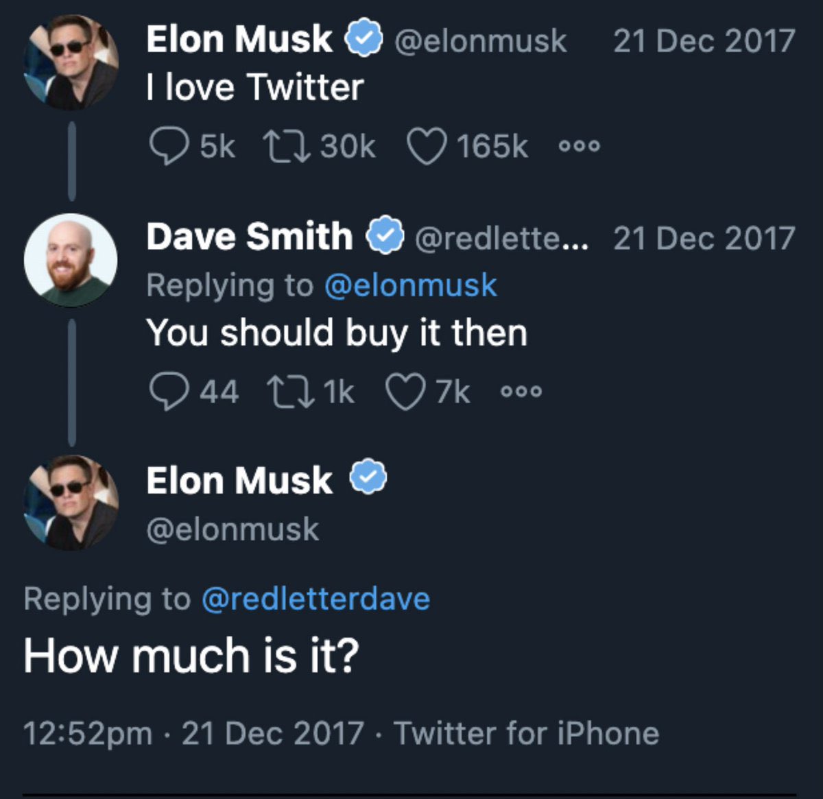 AlertaNews24's tweet photo. 🇺🇸 | DATO:

📆 21 de diciembre del 2017:

- Musk: "Amo twitter".
- Smith: "Deberías comprarlo entonces".
- Musk: "¿Cuánto cuesta?".

..

📆 25 de abril del 2022: Musk compra Twitter. https://t.co/AZ7jWGbCwh
