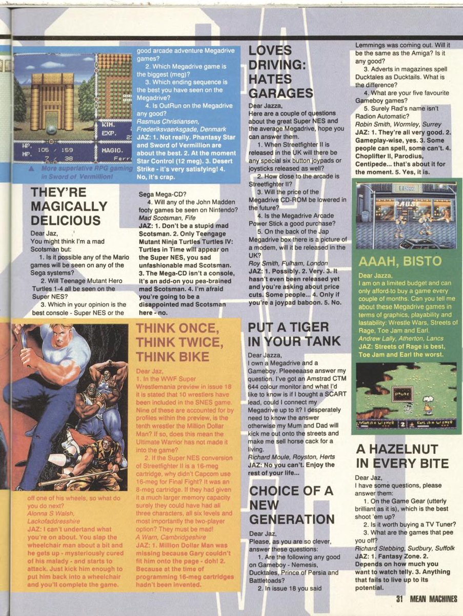 JazRignall's tweet photo. 30 years ago, the headlines I was busy writing for Mean Machines' Q+A column - which were infamous for always being weird and random - were tags from period print and TV ads. Can you remember which products they were for? I always had fun writing the Q+A (and Mean Yob) pages. https://t.co/PJtIF0mJaB