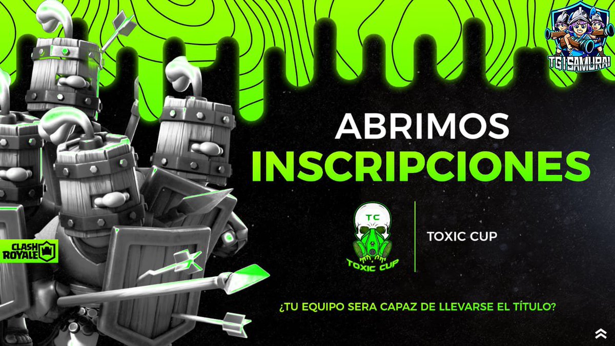 Toxic_Cup (@toxiccup3) on Twitter photo #ClashRoyale|🔥Inscripciones Abiertas🔥
🏆| 10 Edición
💰|$25
🔰|Requisitos
✅Seguirnos
✅Seguir a <a href="/UrbanEsportsRap/">Urban Esports 🎙</a>
✅Seguir a <a href="/Inkarri_Cup/">Inkarri Cup - All Stars</a>
✅Seguir a <a href="/Heroica_team/">Team Heroica</a>
✅Dar ❤ y 🔄
✅Mencionar 3 Equipos
✅Conseguir 5 RT
❗Pruebas en Discord
discord.gg/mvC5vfCpu4
#GoToxic💚🖤 #ClashRoyale|🔥Inscripciones Abiertas🔥
🏆| 10 Edición
💰|$25
🔰|Requisitos
✅Seguirnos
✅Seguir a <a href="/UrbanEsportsRap/">Urban Esports 🎙</a>
✅Seguir a <a href="/Inkarri_Cup/">Inkarri Cup - All Stars</a>
✅Seguir a <a href="/Heroica_team/">Team Heroica</a>
✅Dar ❤ y 🔄
✅Mencionar 3 Equipos
✅Conseguir 5 RT
❗Pruebas en Discord
discord.gg/mvC5vfCpu4
#GoToxic💚🖤
