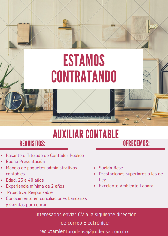 RodensaMexico's tweet photo. ¡Estamos Contratando!
Auxiliar contable para nuestra sucursal de La Paz, BCS. https://t.co/t5MlPBi2KD