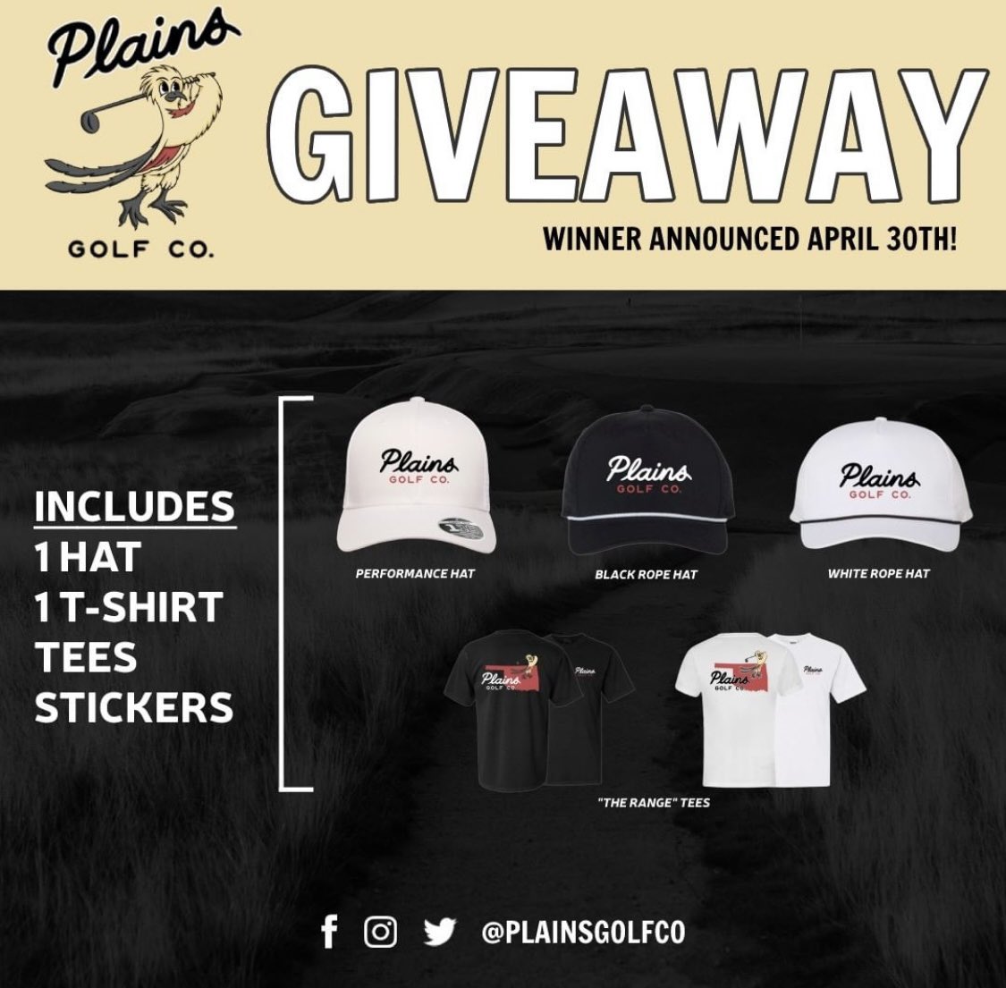 PlainsGolfCo's tweet photo. 🚨LAUNCH WEEK GIVEAWAY🚨

Rules to Enter:
1. Like this tweet
2. Follow @PlainsGolfCo
3. Tag 3 Friends below

Our winner will be announced April 30th. Good luck everyone!! ⛳️🏌🏽‍♂️ https://t.co/yk6VFK37va