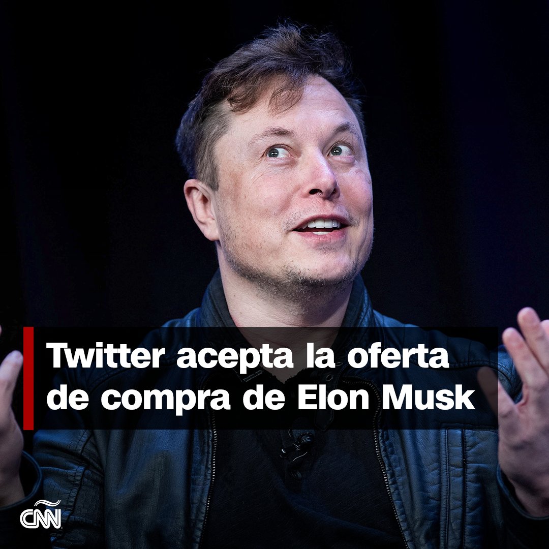 CNNEE's tweet photo. Twitter aceptó que el CEO de Tesla compre la red social en un acuerdo valorado en alrededor de US$ 44.000 millones, informó la compañía este lunes.

La compra de Twitter por Elon Musk es___________

🔗 https://t.co/UbhJrWGdaG https://t.co/wYvPIgGyPO