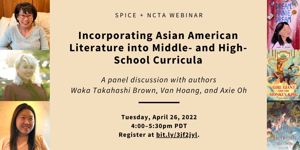 Join us tomorrow, 4/26 at 4:00pm PT for "Incorporating Asian American #Literature Into Middle-and High-School #Curricula" w/ authors <a href="/W_T_Brown/">Waka 和歌</a>, @IamVanHoang, and <a href="/axieoh/">Axie Oh</a>. Register at bit.ly/3jf2jyl.

This webinar is a joint collaboration with <a href="/NCTAsia_/">NCTAsia</a>. 

#globaled