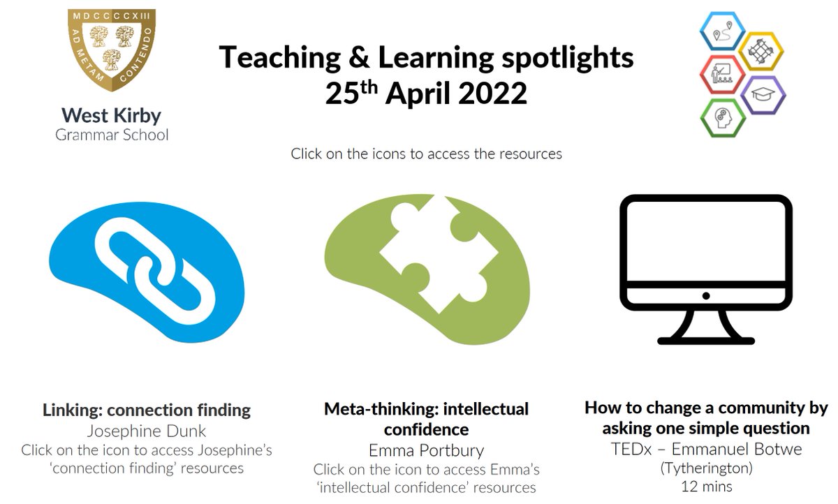 <a href="/WestKirbyGS/">West Kirby Grammar School</a> T&amp;L spotlights featuring our very own Mrs Dunk <a href="/WKGS_History/">WKGS History & Politics Department</a> and Mrs Portbury <a href="/WKGS_Art/">WKGS Art Department</a> and their examples of <a href="/HPLedu/">High Performance Learning</a> in action, as well as a brilliant TEDx talk from Emmanual Botwe <a href="/TytheringtonSch/">Tytherington School</a>