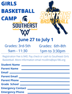 It's that time again! Registration is now open for our Lady Spartan Summer Girls Basketball Camp! Come work on your game and get better with us! All skill levels are welcomed! 

For more information please contact Coach Collins at mcollins@sps186.org
