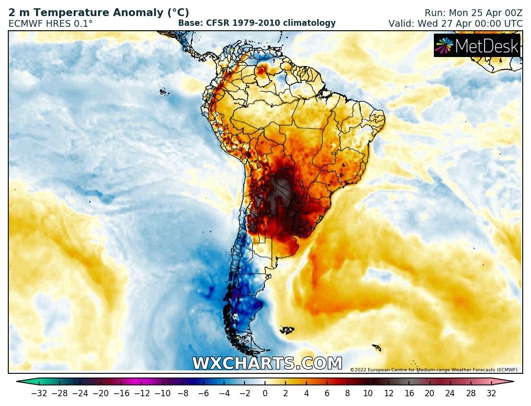 extremetemps's tweet photo. South America Heat Wave:Today 25 April was the 2nd day of this exceptional heat wave. Temperatures reached 39C in Paraguay. Next night will see local min. temperatures near 30C and tomorrow 40C can be reached. Stay tuned. https://t.co/L1QGIQXPiE