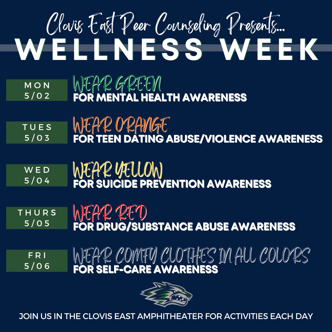 Next week is Wellness Week and our peer counselors have a lot of simple and informative activities that bring about awareness planned for you at lunch in the amphitheater beginning on Monday.