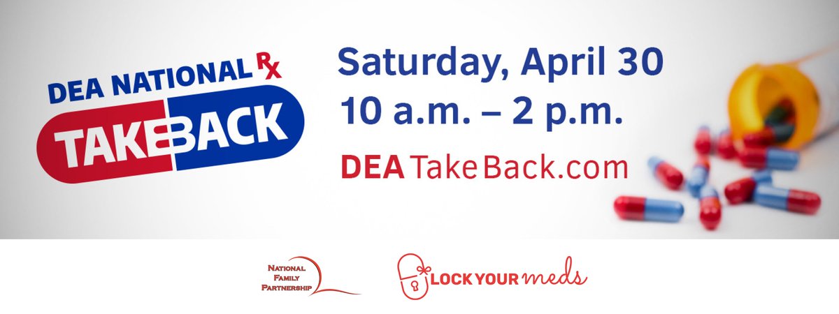 LockYourMeds's tweet photo. Locate a safe disposal site for your unwanted prescription medications this weekend and join the DEA for its National Take Back Day.  Click the link for info: https://t.co/6aQQOA3GGE #LockYourMeds #BeAwareDontShare https://t.co/moASOrcviM