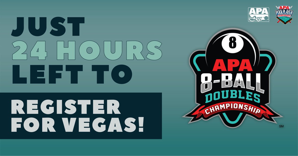 poolplayers's tweet photo. Online registration closes in 24 hours for the 8-Ball Doubles Championship! Register now through your Member Services account. #apavegas #apapool #apaleague https://t.co/BdVlP18nPN