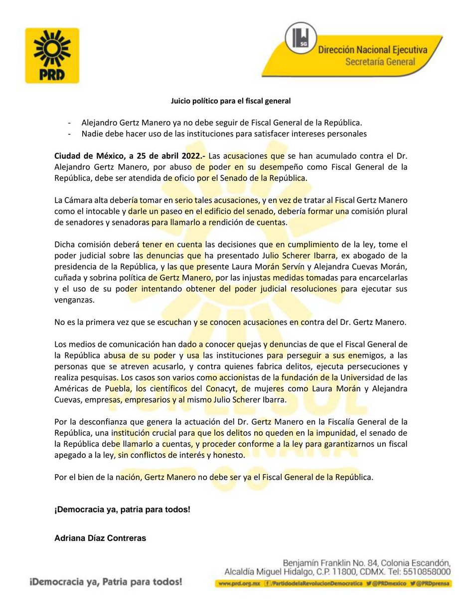 AdrianaDiazPRD's tweet image. La Fiscalía General de la República y su titular Gertz Manero están cometiendo abusos que tienen que ser investigados y castigados.

Autoridades han demostrado su actuar negligente y abusivo, los medios han dado a conocer los excesos y  sus actos tendenciosos.