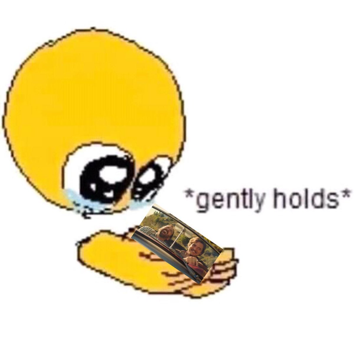 “Gently holds” meme featuring a photo of Nicolas Cage and Pedro Pascal smiling and laughing while in a car from “The Unbearable Weight of Massive Talent.”