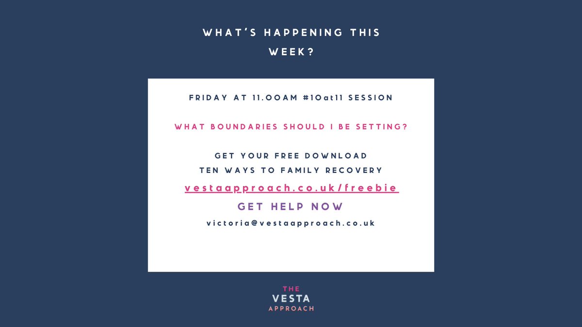 Vestaapproach's tweet photo. Catch the #10at11 session Friday at 11am.

This is a weekly 10 minute session on #addiction and #familyrecovery

This week is...

⭐WHAT BOUNDARIES SHOULD I BE SETTING? ⭐
 
Get your free top ten family recovery tips
https://t.co/dnUTfkJ6i2 https://t.co/ia7ku5fzBz