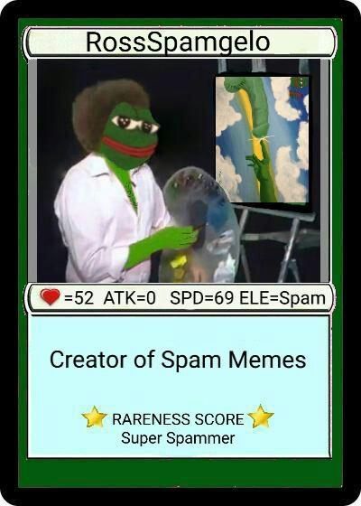 Wana win a Ross Spamgelo card?

Only 21 issuance!!

Follow,
Comment your addy,
Tag 2 homies, 
Share this post in the xcpfaucet telegram room to qualify!
t.me/xcpfaucet

Dispenser:
xchain.io/tx/67c0801ed28…

<a href="/CounterpartyXCP/">Counterparty</a> #nft #spamgelo