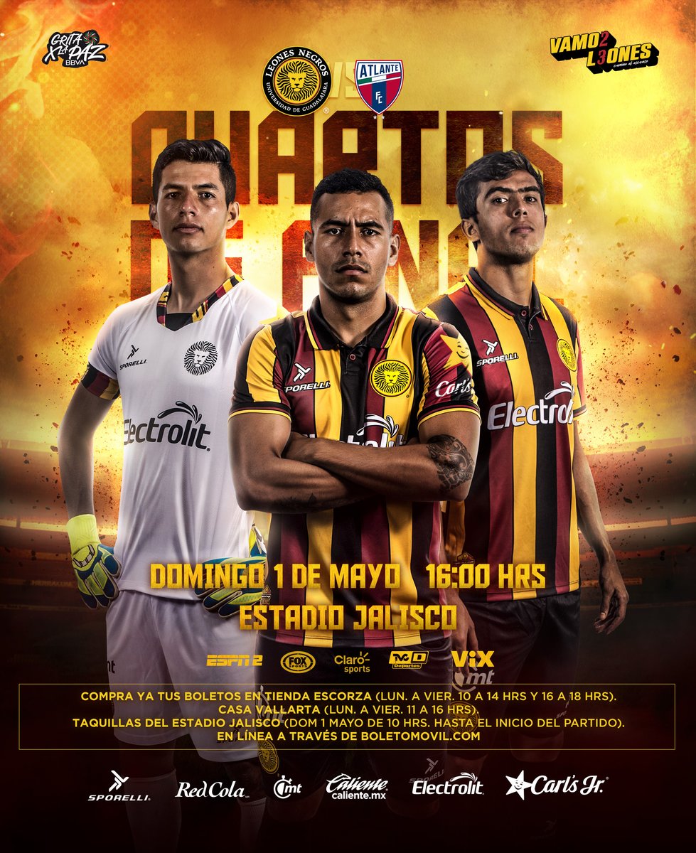 LeonesNegrosCF's tweet photo. El cierre de los 4tos de final es en el Jalisco.

¡A RUGIR CON LA MANADA!

🗓️ Domingo 
⏰ 4:00 PM 
🆚 Atlante
🎟️📲 https://t.co/8Oy4QZ1oPh

#VAMO2L3ONES 🦁🔜 https://t.co/p9pF8KrG5t