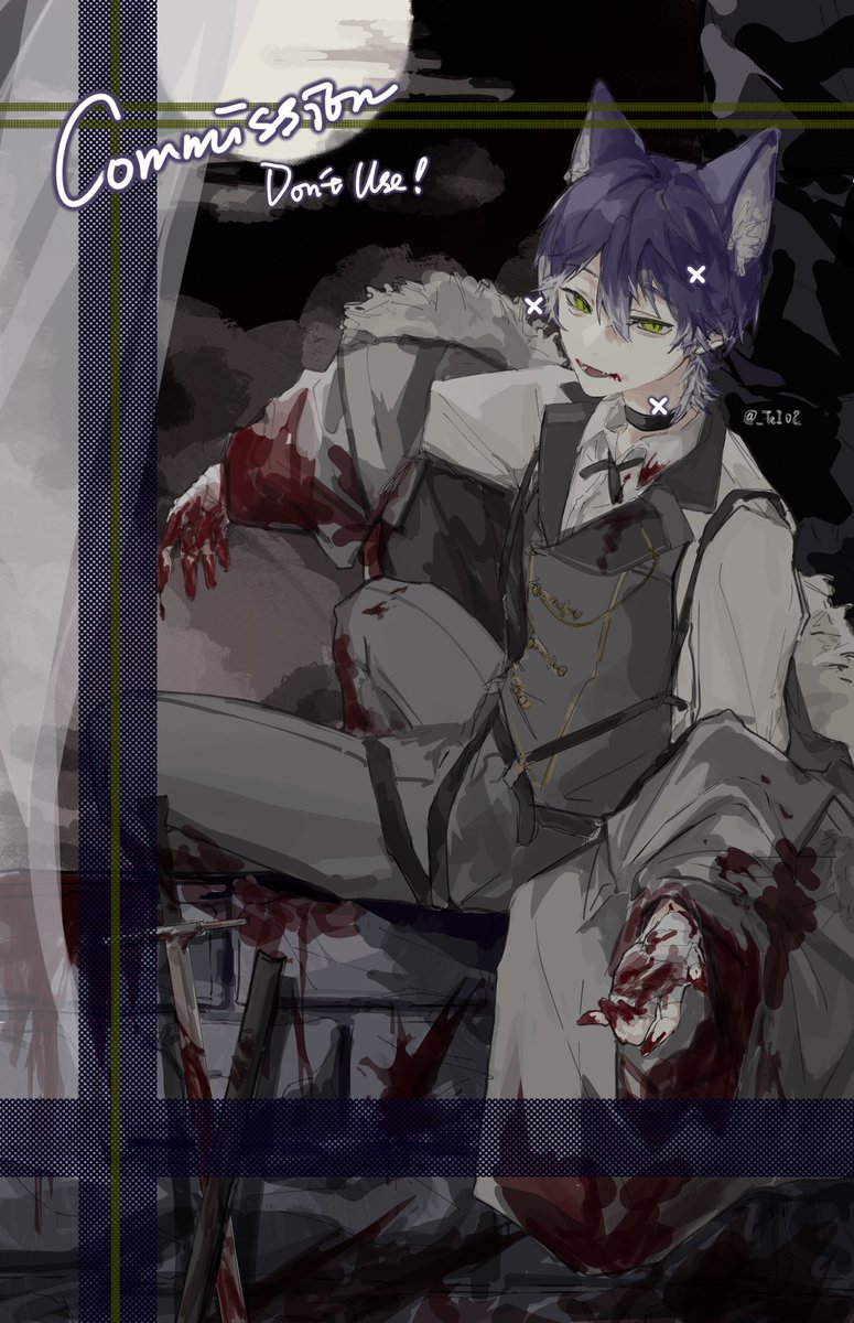1boy male focus animal ears blood blood on hands solo purple hair  illustration images