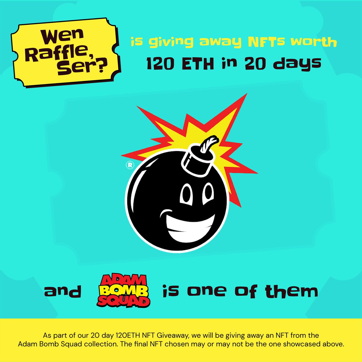 📢120 ETH GIVEAWAY IN 20 DAYS📢

Our giveaway- <a href="/AdamBombSquad/">Adam Bomb Squad</a> 
 
Win 5 #WL spots for <a href="/WenRaffleSerNFT/">Wen Raffle Ser (Minting Now)</a>

Winners in 24 hrs🎉

To enter
1⃣Follow <a href="/WenRaffleSerNFT/">Wen Raffle Ser (Minting Now)</a>
2⃣♥️ + RT + Tag 3 Frens
3⃣Join discord.gg/wenrafflesernft

#NFTs #NFTCommunity #WLGiveaways  #NFTGiveaway