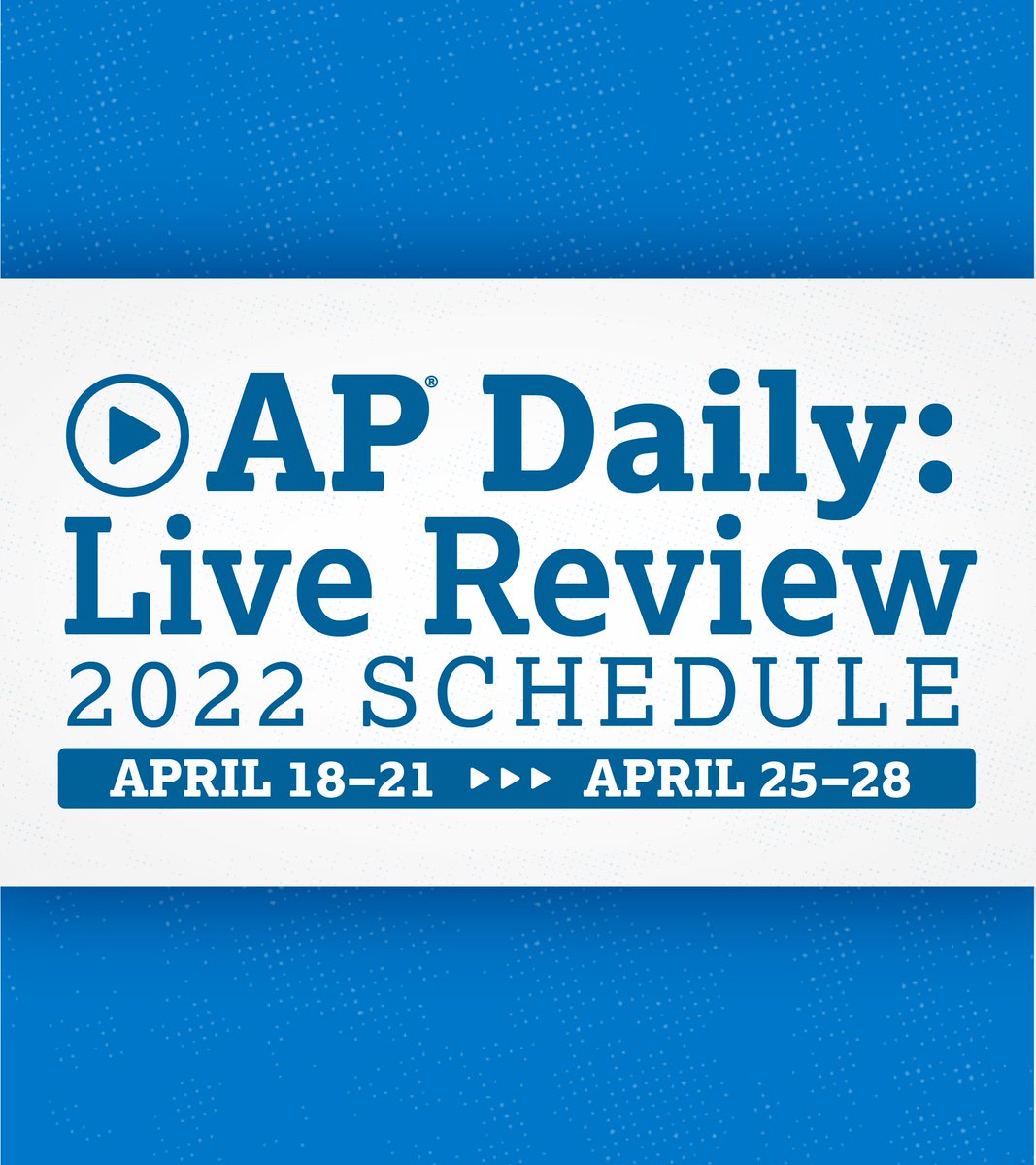 APforStudents's tweet photo. AP Daily: Live Review returns today! Lessons begin at 4 pm Eastern Time at https://t.co/06Ydp4G9Pi. https://t.co/p59V1T4aAk