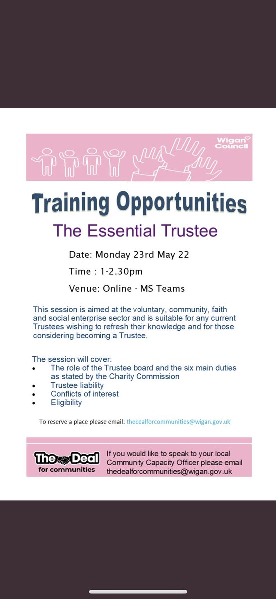 Free online training available covering the essentials of being a trustee of a VCFSE management committee. 
For more info or to book your place email: thedealforcommunities@wigan.gov.uk #DealforCommunities