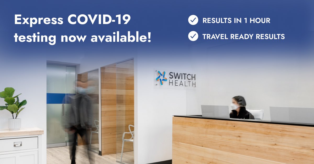 Express COVID-19 testing now available with results in 1 hour! Book today!
switchhealth.ca/en/clinics/