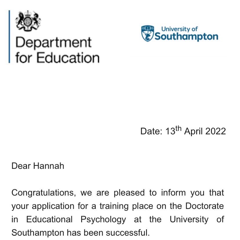 Over the moon to share that my dream of becoming a psychologist is finally becoming reality! I have been offered a place on the doctorate in Educational Psychology at the University of Southampton! 🥂 #dedpsych #educationalpsychology #edutwitter #twitterEPs