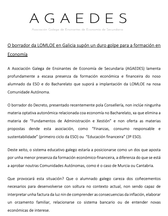 O borrador da LOMLOE en Galicia supón un duro golpe para a formación en Economía (<a href="/agaedes/">AGAEDES</a>)
#EconomíaEnGaliciaSI
<a href="/EcoAdeUSC/">Facultade de Ciencias Económicas e Empresariais</a> <a href="/lavozdegalicia/">La Voz de Galicia</a> <a href="/Farodevigo/">Faro de Vigo</a> <a href="/SerGalicia/">Cadena SER Galicia</a> <a href="/TVGalicia/">TVG</a> <a href="/OlimpiadaEconom/">Olimpiada 🇪🇸 Economía</a> @FeijooGalicia @ARueda68 <a href="/ForoEcoGalicia/">Foro Económico de Galicia</a> <a href="/mariacadaval/">María Cadaval</a> <a href="/Venan_Salcines/">Venancio Salcines</a> <a href="/SantiagoLagoP/">Santiago Lago-Peñas</a>