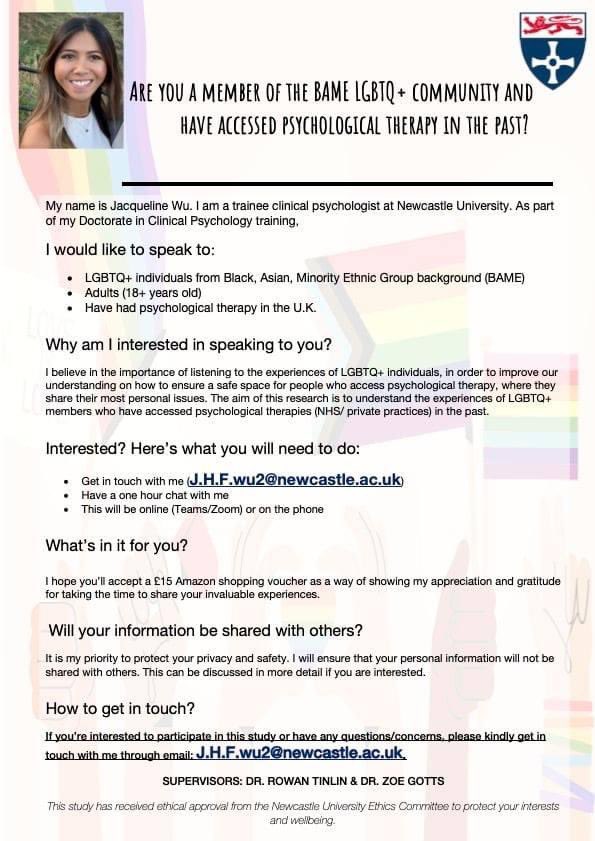 Are you or do you know anyone who is a member of the LGBTQ+ community from BAME background, who have had psychological therapy in the U.K. before? I'm interested to hear about your experience! (pls DM me or email me through j.h.f.wu2@newcastle.ac.uk) @rowan_maria_ <a href="/ZoeMarieGotts/">Zoe Marie Gotts</a>
