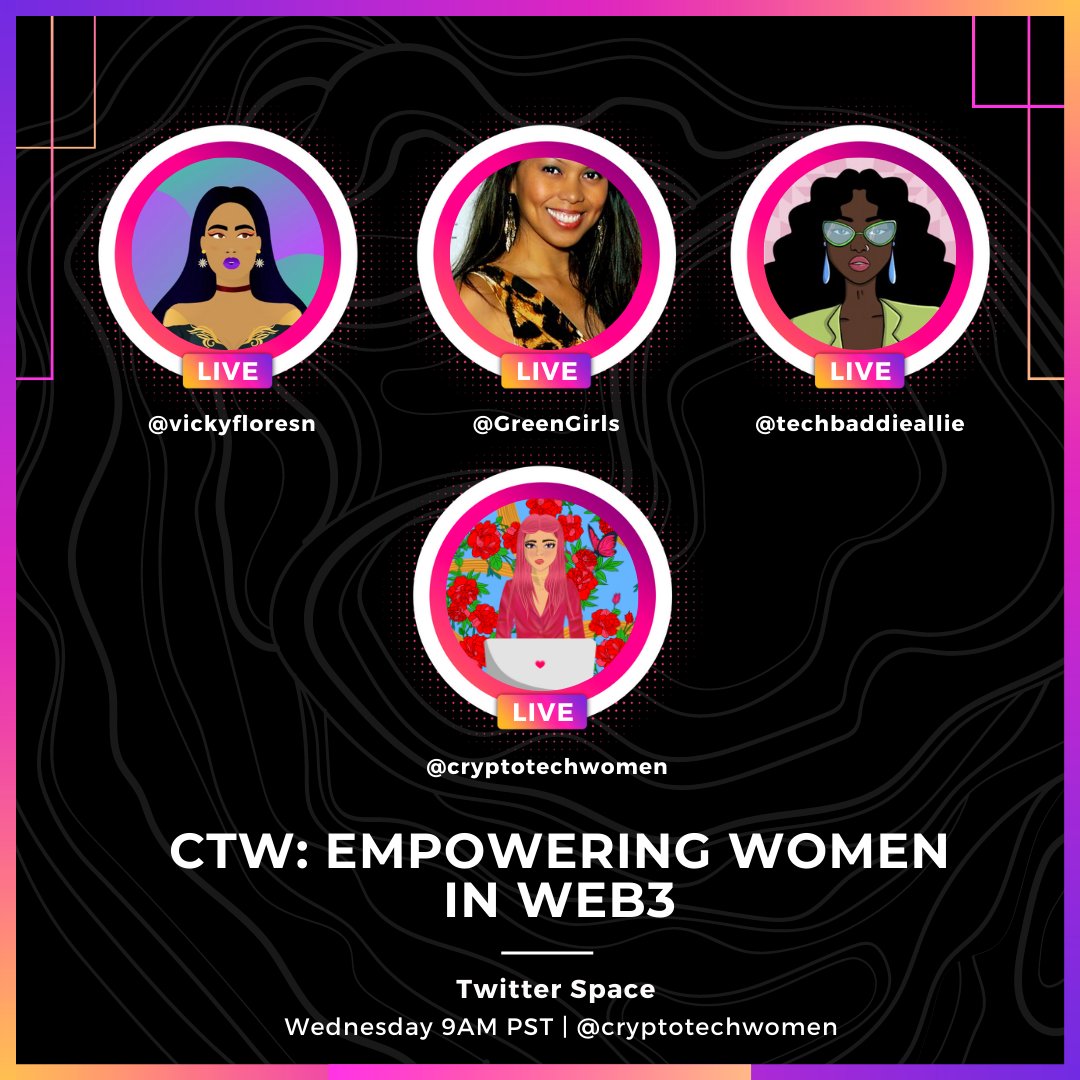 Join us Wednesday at 9am PST/12pm EST as we talk to an amazing panel of ladies in Web3! 🎙️

Come learn everything from their background to their journey in the Web3 space 🚀

Guest speakers: <a href="/vickyfloresn/">Vicky Flores</a> <a href="/techbaddieallie/">CEO of Baddies</a> @GreenGirls 🌸

Set a reminder x.com/i/spaces/1DXGy… ✨