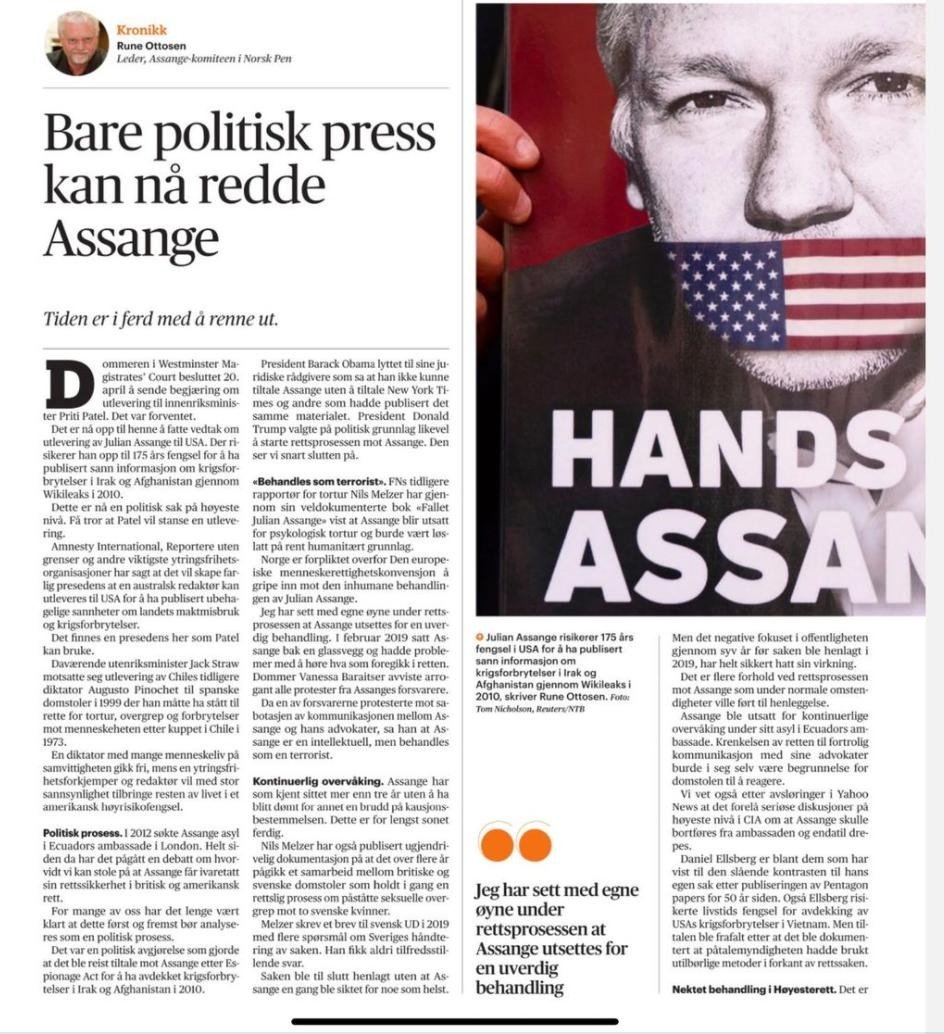 wikileaks's tweet photo. 'Political pressure is the only way to save Julian Assange' | Op-ed in Norway's largest newspaper by circulation yesterday | @Aftenposten  #FreeAssangeNOW @PEN_Norway @runeottosen https://t.co/zauWbrulNZ