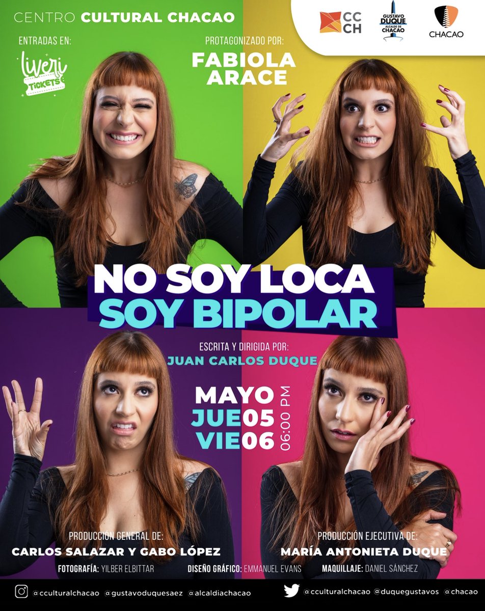 Llego a Venezuela el monólogo más exitoso de Miami “No Soy Loca, Soy Bipolar” en 2 Únicas Funciones: 5 y 6 de Mayo 6 pm
<a href="/CculturalChacao/">Centro Cultural Chacao</a> 

liveri.com.ve/ticket/product…