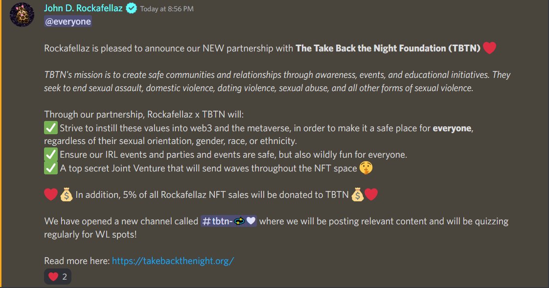 Rockafellaz is pleased to announce our partnership with <a href="/TBTNFoundation/">Take Back The Night®</a> 

Together, we will make web3 and the Metaverse a safe place for EVERYONE.

Read more here: