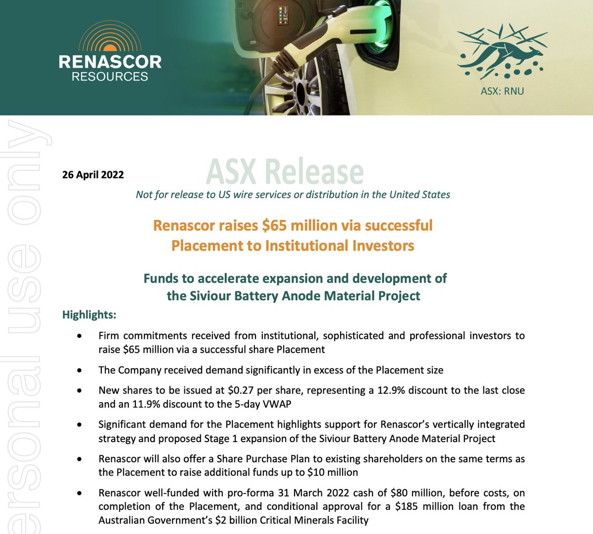 #Renascor raises $65m in institutional capital raising. Funds will allow $RNU to accelerate the development of an expanded Stage 1 operation to produce 100% Australian purified spherical #graphite.  #CriticalMinerals #ESGinvesting #HFfree #CleanEnergy