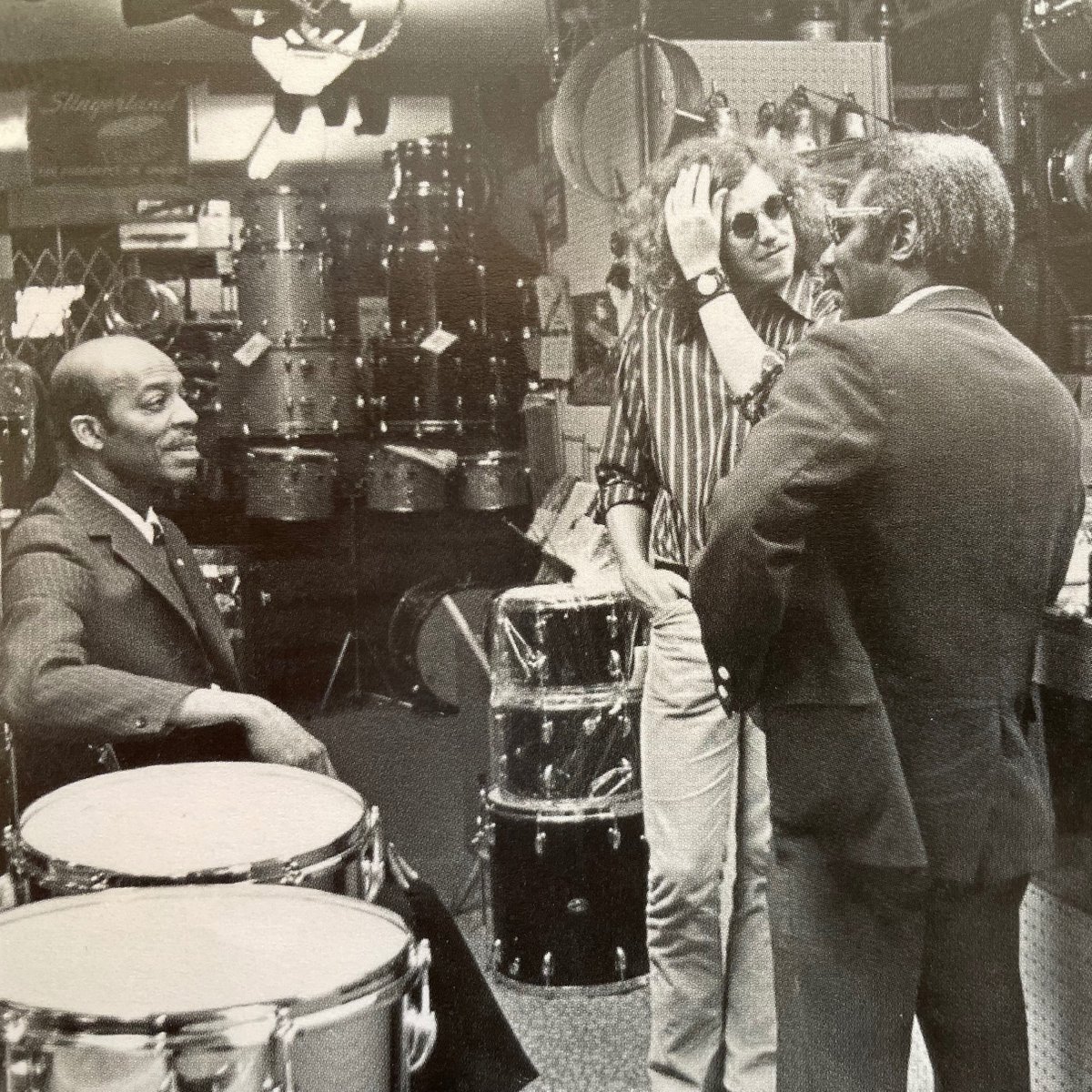 Pizza Express Sunday 1 May:
pizzaexpresslive.com/whats-on/jeff-…
On right, Jeff with mentors Papa Jo Jones and Oliver Jackson at Frank Ippolito's drum shop 1971.