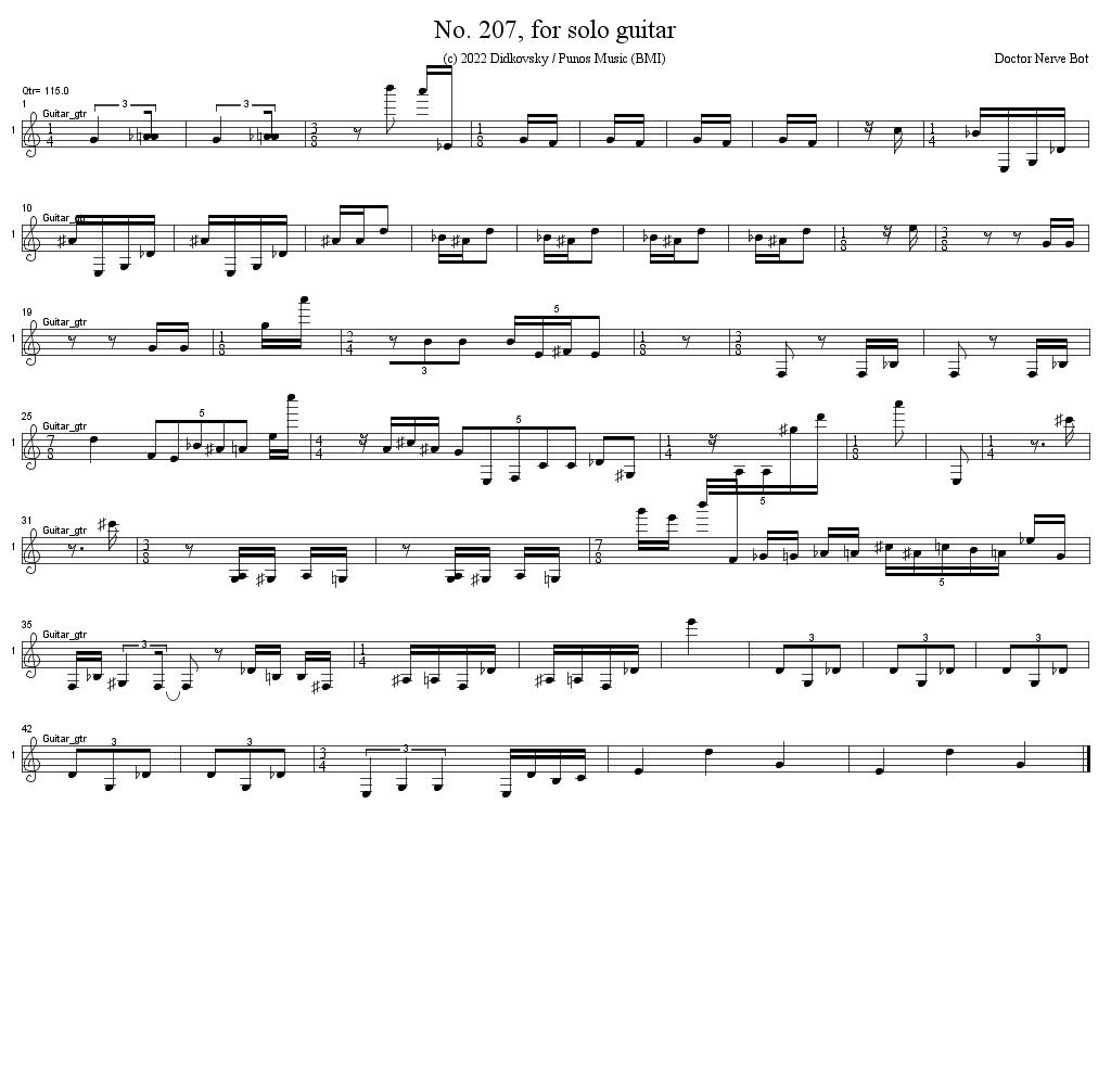 BotNerve's tweet photo. No. 207, for solo guitar, page 1/1, (c) 2022 Didkovsky / Punos Music (BMI). Created 2022-04-25_21:05:48 by @DoctorNerve and @BotNerve #ComputerAssistedComposition #DoctorNerve #AlgomusicDotCom #LejarenHiller https://t.co/RUeC4gerhr