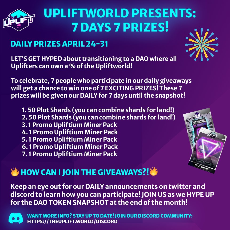 🚨HUGE GIVEAWAY!🚨

DAY 2 of #7Days7Prizes... just getting STARTED!🎉 #DAO Token #snapshot will let #land holders + #upliftium burners claim tokens!

🔥Quote tweet with your favorite thing about the #UpliftWorld + #WAX address for a chance to win 1 OF 7 PRIZES(ie 50 PLOT SHARDS!)
