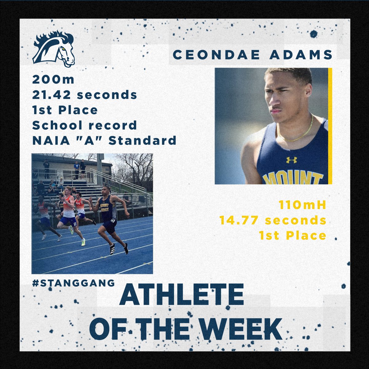 MMUTFXC's tweet photo. Congrats to Ceondae Adams on earning @heartsportsnews Track Athlete of the Week honors!

Ceondae hit the NAIA "A" standard in the 200m, punching his ticket to Nationals with his school record win!  He also took 1st in the 110mH at the Mustang Invitational. 

#mmutfxc #StangGang https://t.co/ObKtijr839