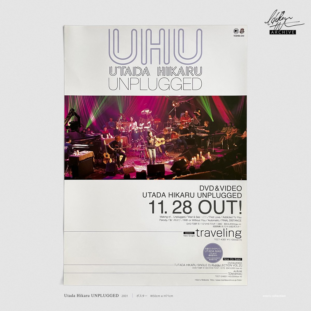 ottoman0423's tweet photo. Promotion poster:  DVD/VHS "Utada Hikaru Unplugged" released in 28 November 2001, the same release date of the single "traveling".

The release included unplugged live version of 9 songs that #HikaruUtada performed at MTV Japan in 2001.

#宇多田ヒカル #UHArchive https://t.co/58hcsu8ffZ