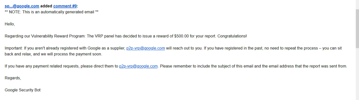 59darcyshort's tweet photo. Mission accomplished!!!!! I was awarded $500 for my submission On Google VRP. https://t.co/KJl2RNuVwt