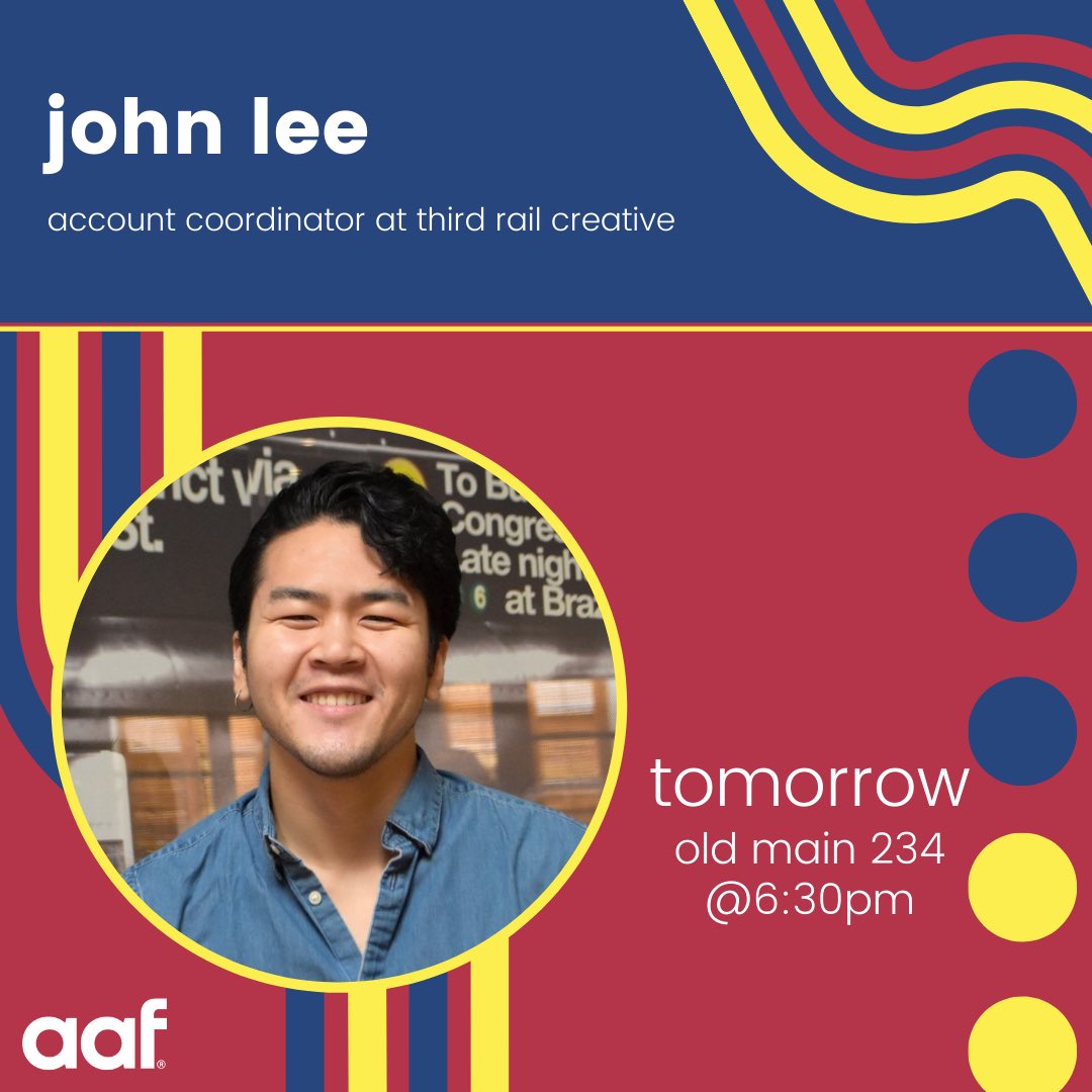 aaftxst's tweet photo. It’s that time, y’all. Last meeting of the semester, but it’s gonna be a good one! John Lee from Third Rail Creative is joining us with his coworkers tomorrow to discuss agency life and the job interview process. We’ll see you at 6:30pm in OM234 ☺️

#aaf #aaftxst #txstsjmc https://t.co/w4VUWd43nl