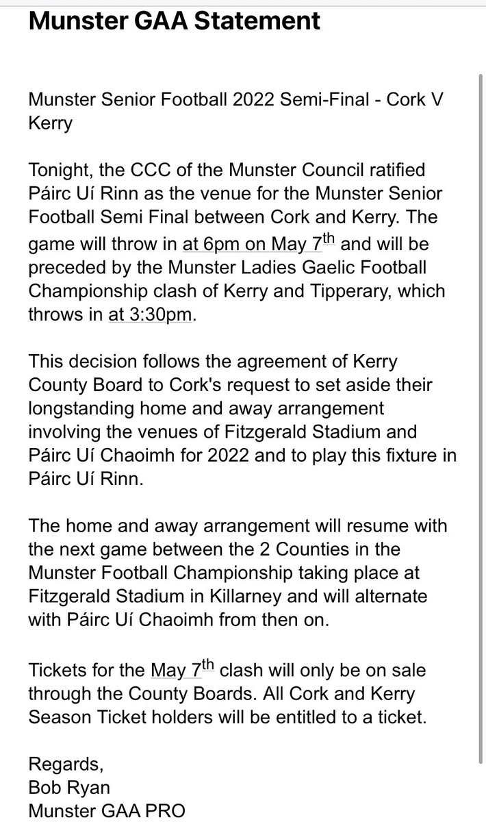 Kerry_Official's tweet photo. Statement just released from @MunsterGAA  #CorkVKerry https://t.co/2z4FlgrQ3E