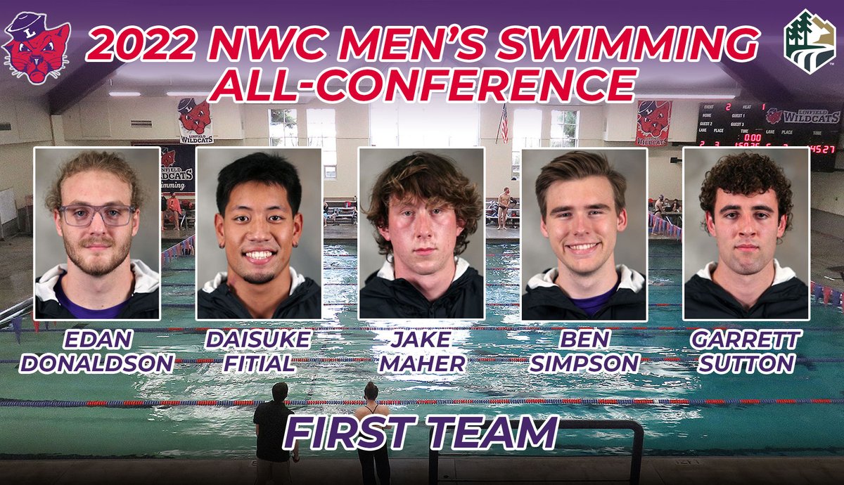 LinfieldSwim's tweet photo. First Team All-NWC honors for Edan Donaldson, Daisuke Fitial, Jake Maher, Ben Simpson and Garrett Sutton headline Linfield on the 2022 Men's Swimming All-NWC Team.

📰https://t.co/cBjx06ULSo

#RollCats | #WetCats | #NWCSwim https://t.co/aY4wDoinif