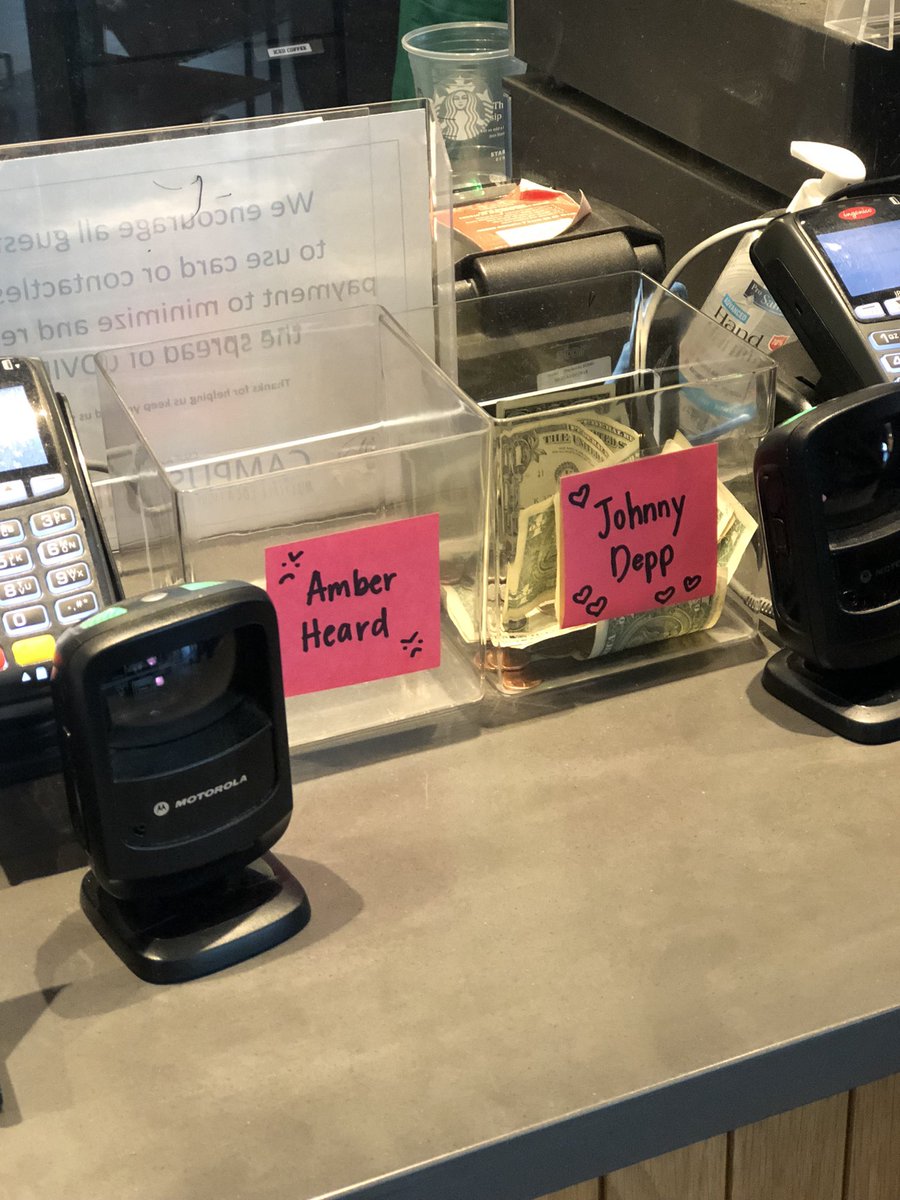 pizzatae's tweet photo. my schools starbucks has a johnny depp vs amber heard tip jars omg https://t.co/V0gyuLNLDU